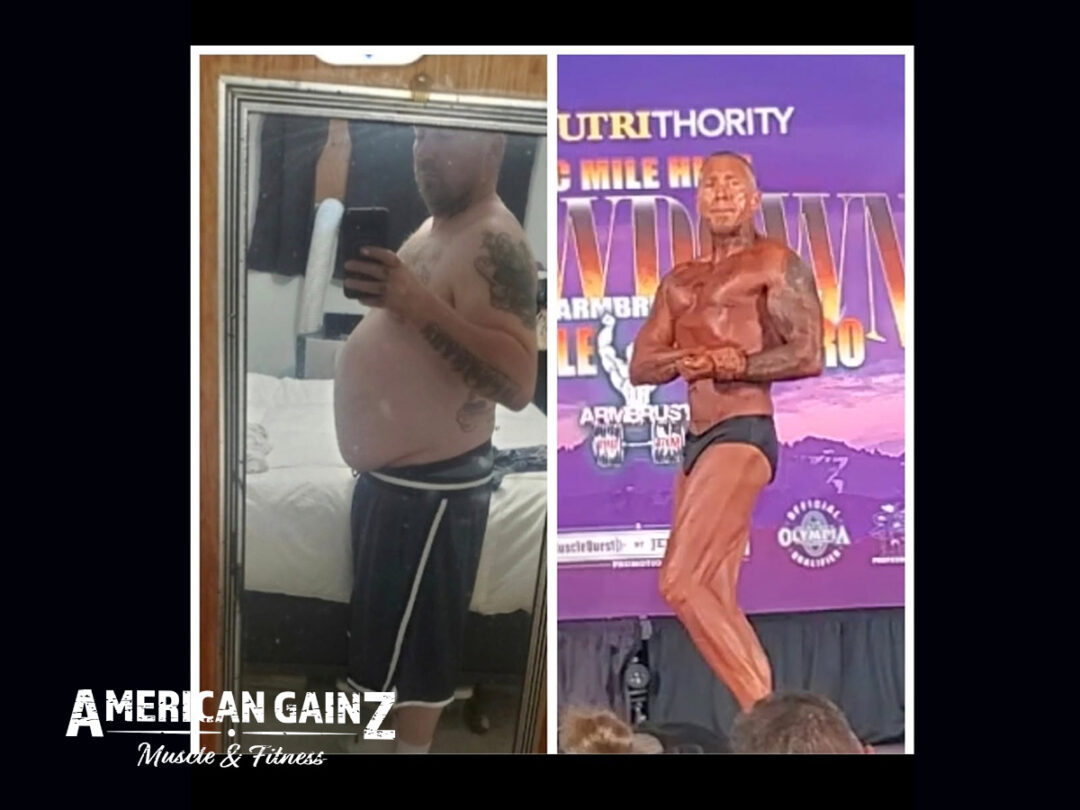 A transformation photo of Jesse, 40+ male, dropping 100+ pounds and doing a fitness competition.